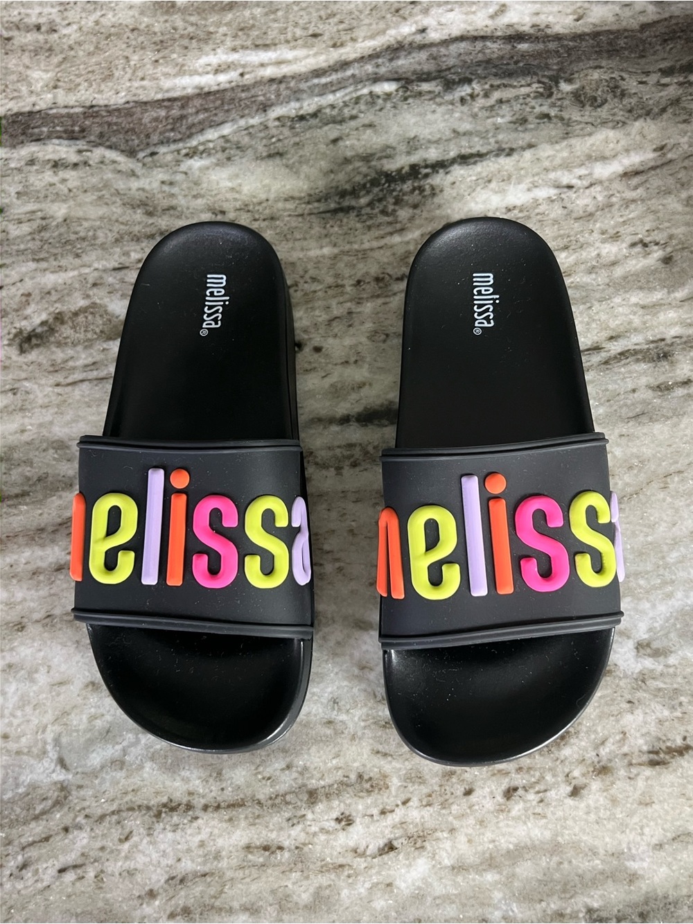 Melissa Black Slides with Multicolor Raised Logo